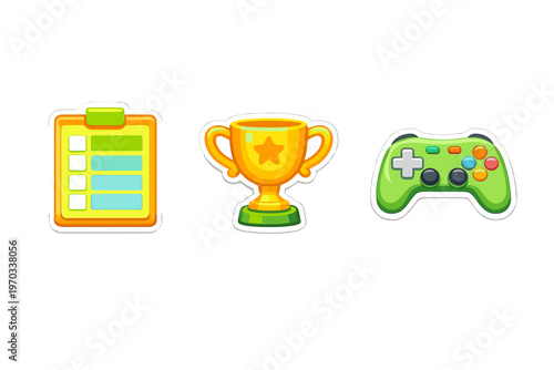 Set of three colorful game icons including a task clipboard, a golden