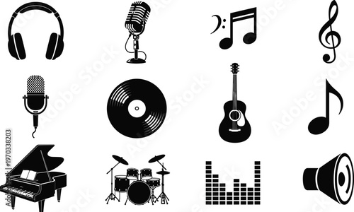 Music Equipment and Audio Icons Set with Headphones, Microphone, Vinyl, Guitar, Drums, Piano, and Sound Levels for Music Production, Recording, and Performance