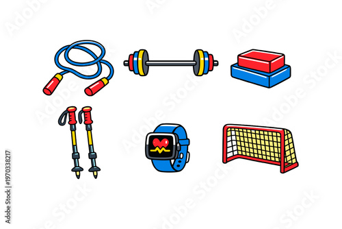A collection of six colorful fitness icons including a jump rope