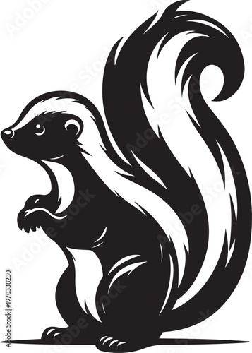 Vector illustration of skunk in a black and white style with different icons