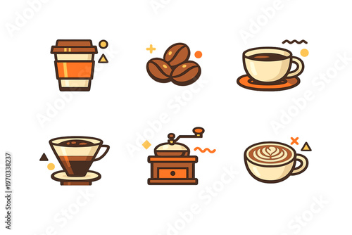 A collection of six flat vector coffee icons including a takeaway