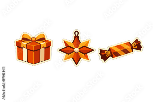 A set of three festive holiday stickers featuring a wrapped gift box