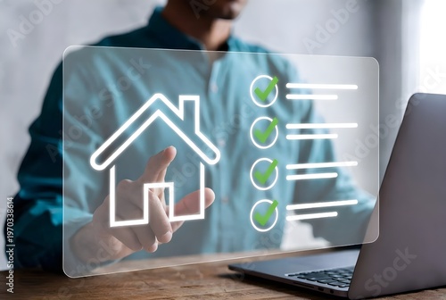 Agent Completing Online Home Checklist On Laptop For Digital Real Estate Property Inspection And Mortgage Planning
