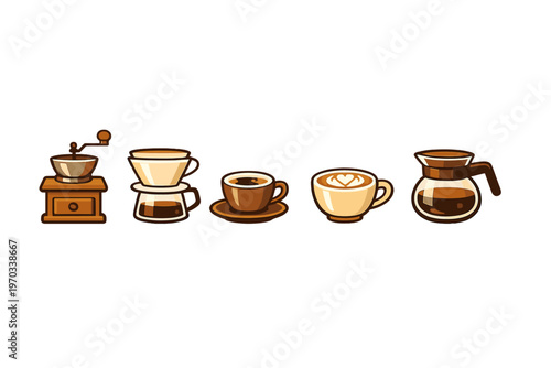 A collection of coffee brewing equipment and drink icons including a