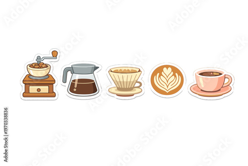 A collection of five coffee-themed stickers featuring a manual