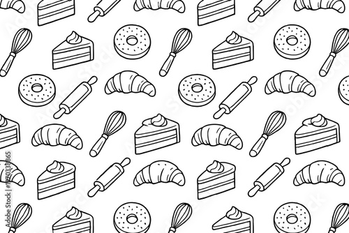 A seamless black and white pattern featuring hand-drawn doodles of