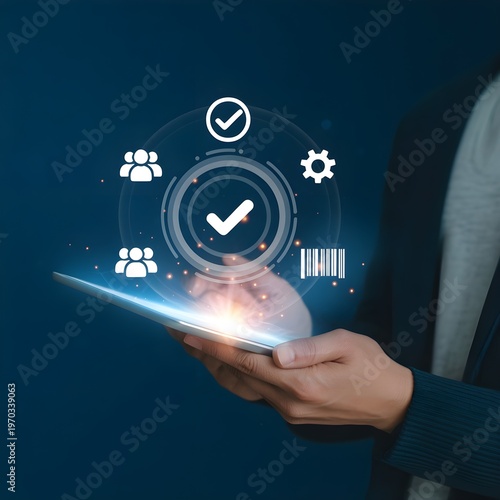Business Approval And Digital Validation On Tablet With Checkmark Icons, Team And Barcode