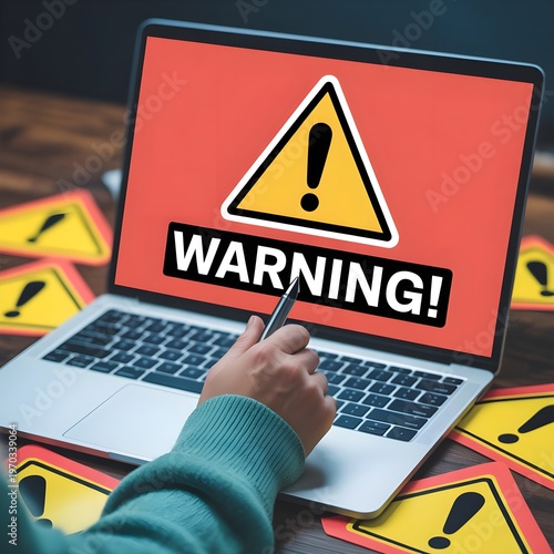 Warning Alert On Laptop Screen With Exclamation Triangle Surrounded By Caution Signs