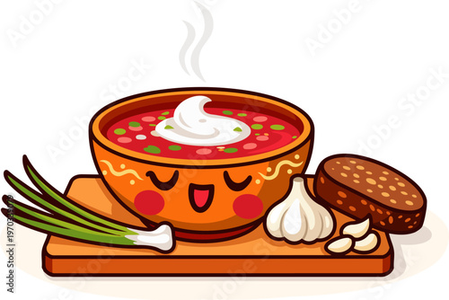 Kawaii borscht soup in decorative bowl with sour cream, green onion, garlic and bread, cute smiling character with blush cheeks, flat vector style, thick outline, simple shapes