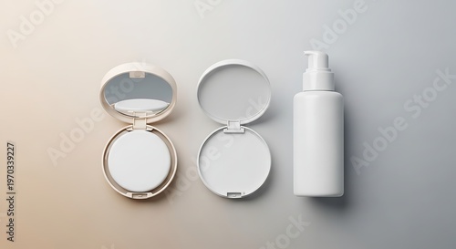 Minimalist composition of cosmetic products on a neutral background.