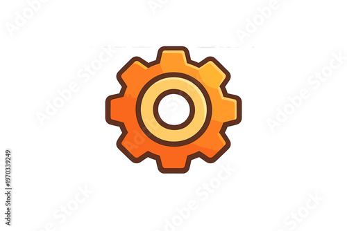 A cartoon-style orange gear wheel with thick brown outlines is