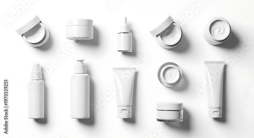 Collection of white cosmetic containers and bottles.