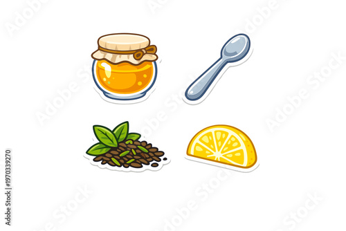 This set of four vector stickers features a jar of golden honey, a