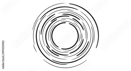 Black circular motion lines, swirling vortex icon, abstract dynamic spiral, modern design element