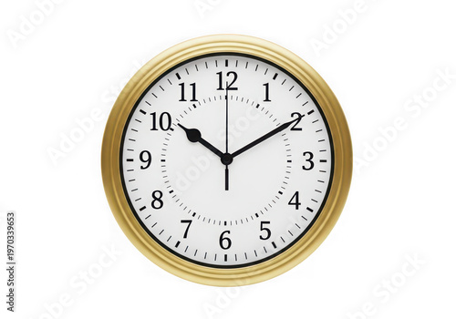 A classic round wall clock featuring a polished gold rim and a white face with clear black numbers isolated on transparent background