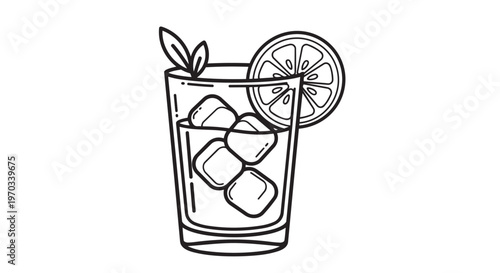Refreshing cocktail glass, ice cubes, lemon slice, and mint leaf, line art illustration, drink icons