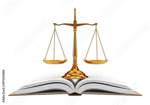 A golden metallic scale of justice symbol positioned centrally atop an open hardcover law book isolated on transparent background