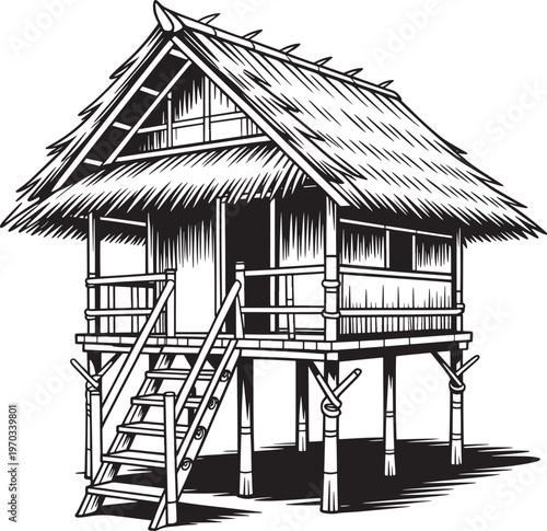 A detailed black and white illustration of a traditional stilt house with a thatched roof