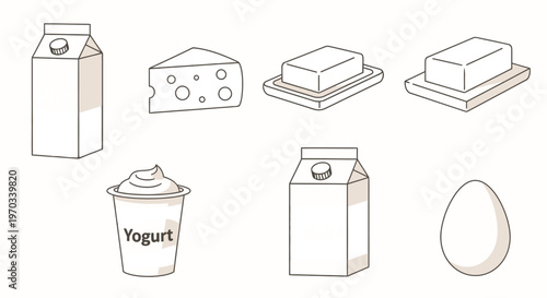 Dairy products illustration milk cheese butter yogurt cream and egg