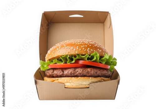 A delicious sesame seed bun hamburger with beef patty lettuce and tomato in a cardboard container isolated on transparent background