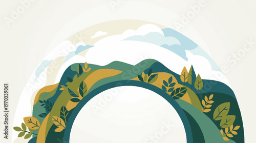 Eco friendly archway with green and yellow foliage mountains and cloudy sky background symbolizing nature and sustainability