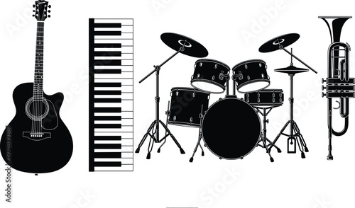 Musical Instruments Icons Set with Guitar, Keyboard, Drums, Tuba, and Percussion for Music Performance, Band, and Orchestra Themes