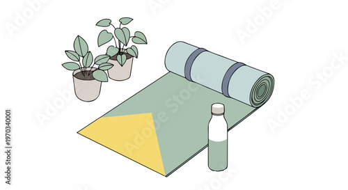 Minimal flat vector illustration of morning routine objects (yoga mat, water bottle, sunlight, plants), wellness lifestyle concept, clean flat vector style, white background