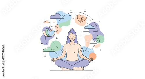 A flat vector illustration of a person meditating surrounded by abstract calm shapes, featuring a mindfulness concept, a pastel color palette, minimal modern design, and a white background.