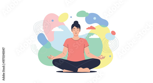Flat vector illustration of a person meditating with abstract calm shapes around, mindfulness concept, pastel palette, minimal modern design, white background