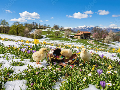 Prato in disgelo con Uovo pasquale di cioccolato e pulcini