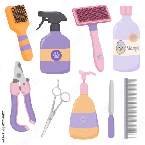 Dopamine pets grooming tool kit with professional scissors nail clippers brushes shampoo and spray bottles in purple and peach colors on a transparent background.
