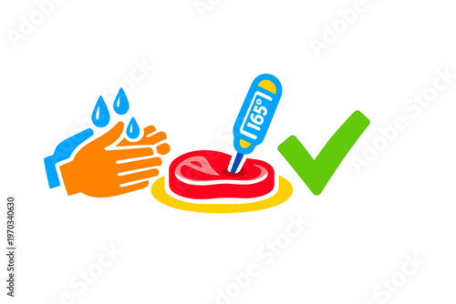 Colorful icons showing food safety procedures like hand washing and