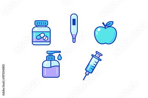A collection of flat vector medical icons including a medicine bottle