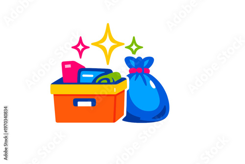 Vibrant cartoon illustration of an orange plastic container filled