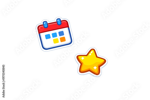 Colorful illustration featuring a stylized calendar icon and a shiny