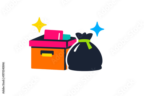 A flat vector illustration showing an orange storage box filled with