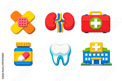 A collection of six medical icons in a layered paper-cut style