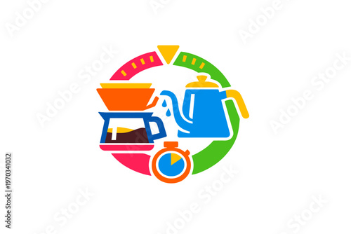A colorful vector illustration showing the manual coffee brewing