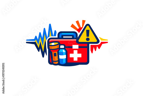 A flat vector illustration of a red emergency first aid kit with a