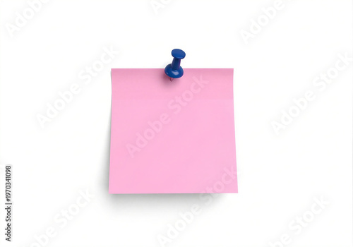 Pink sticky note attached to a blue pushpin on a surface