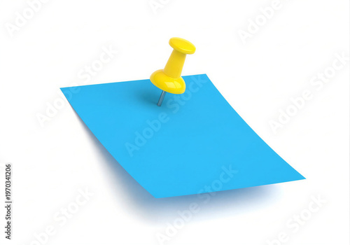 A bright yellow pushpin securing a blue sticky note on a flat surface