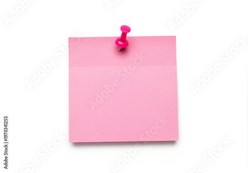 Bright pink sticky note attached with a vivid purple thumbtack on a plain background