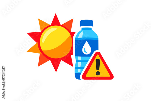 Schilderij op canvas A stylized sun, a blue water bottle, and a red warning sign with an