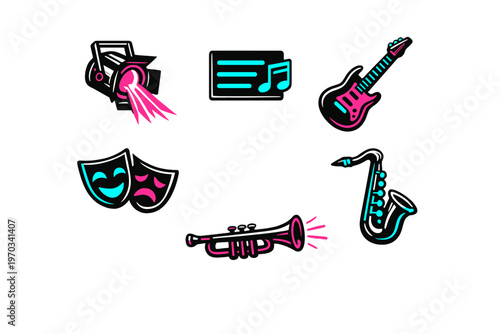 A set of vibrant neon-colored icons represents various performing