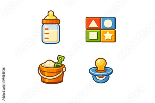 A collection of vibrant cartoon icons representing baby items like a