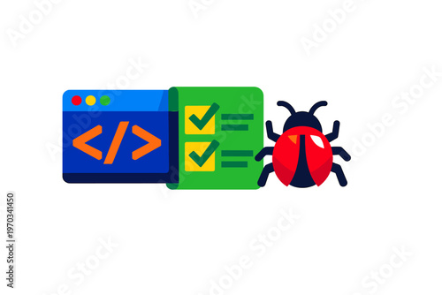 Flat vector illustration of a code editor window, a green checklist