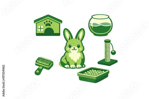 A collection of green-toned pet care icons featuring a cute rabbit, a