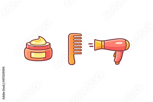 A set of hair care illustrations featuring a jar of styling cream, a