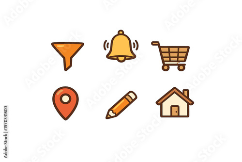 A collection of six flat vector icons featuring a filter, a ringing