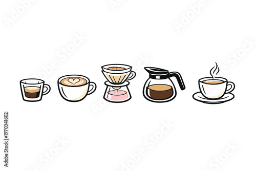 A vector illustration featuring five different coffee elements